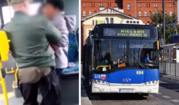 Po lewej murzynka szarpiąca się z polskim kontrolerem biletów w Bydgoszczy, a po prawej autobus bydgoskiej komunikacji miejskiej