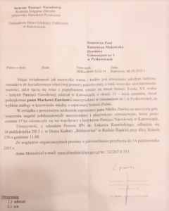 Podziękowania IPN-u dla Marka Zawisa, nauczyciela SP w Pyskowicach (wtedy Gimnazjum nr 1) "za wybitne zasługi w krzewieniu wiedzy o najnowszej historii Polski".