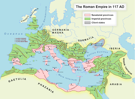 Imperium Rzymskie w swojej szczytowej fazie 117 r. po Chrystusie.