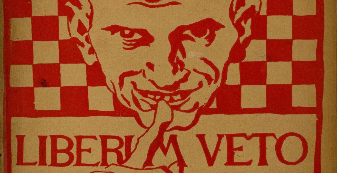 Okładka galicyjskiego pisma satyrycznego "Liberum veto" wydawanego w latach 1903-1905.