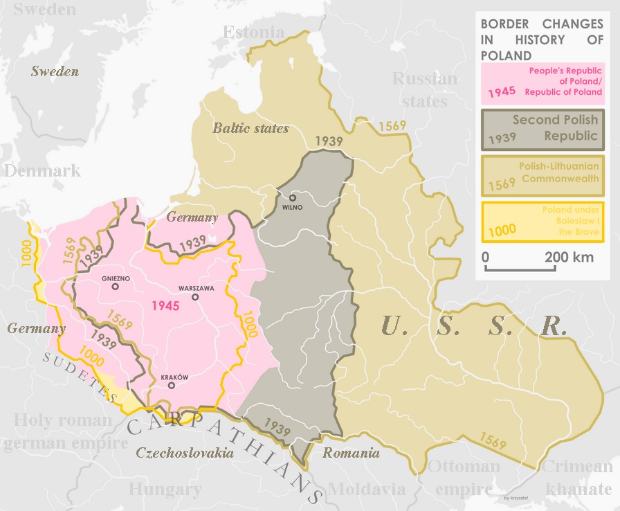 Utrata ziem kresowych przez Polskę i rozpad ZSRR po granicach republik związkowych stworzył między Polską z Rosją pas ziemi należący do nieistniejących nigdy wcześniej państw trzecich, źródło: Wikipedia.org