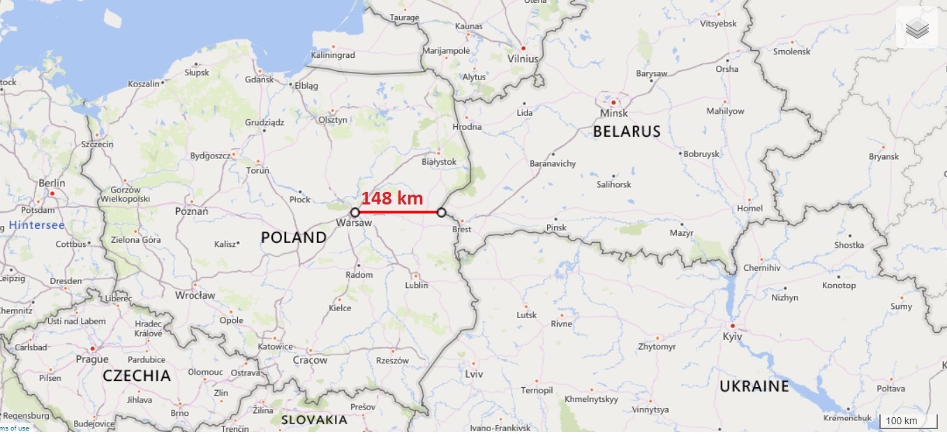 Z Białorusi do Warszawy jest zaledwie 148 kilometrów, czyli o 49 kilometrów bliżej, niż z Ukrainy do Warszawy w linii prostej