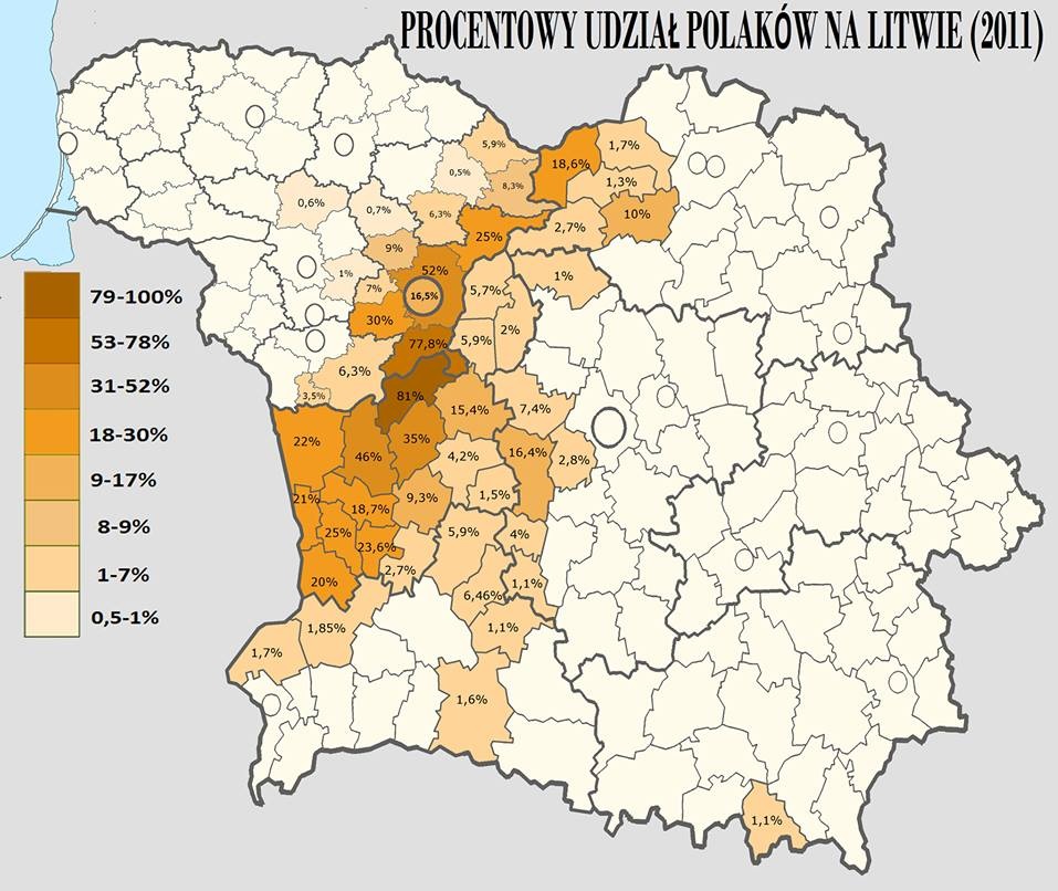 Procentowy udział ludności polskiej w poszczególnych jednostkach administracyjnych Republiki Litewskiej oraz Białorusi, źródło: Wikipedia.org