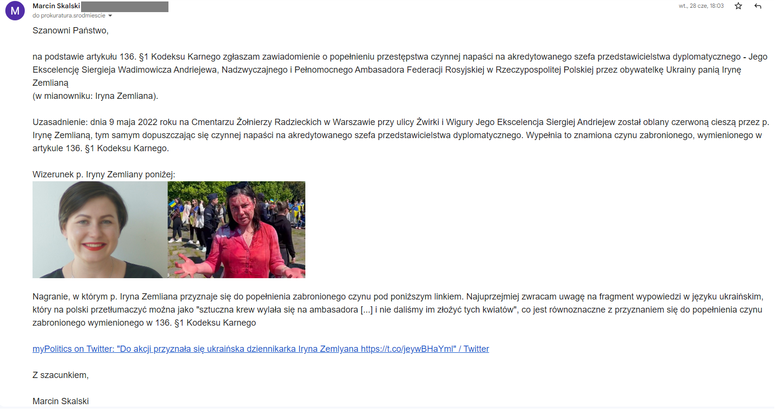 Zawiadomienie o możliwości popełnienia przestępstwa / Fot. MS
