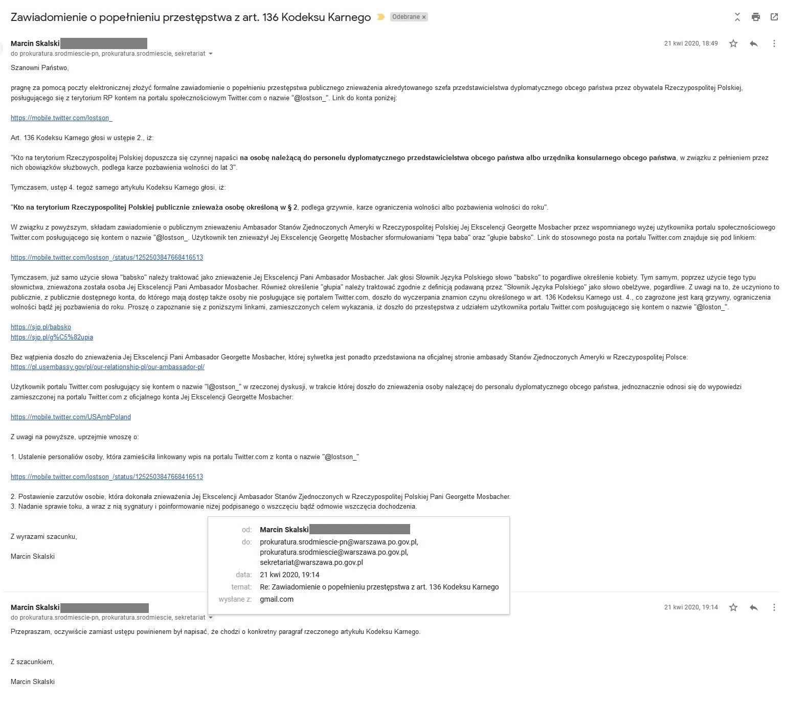Zawiadomienie o możliwości popełnienia przestępstwa / Fot. MS