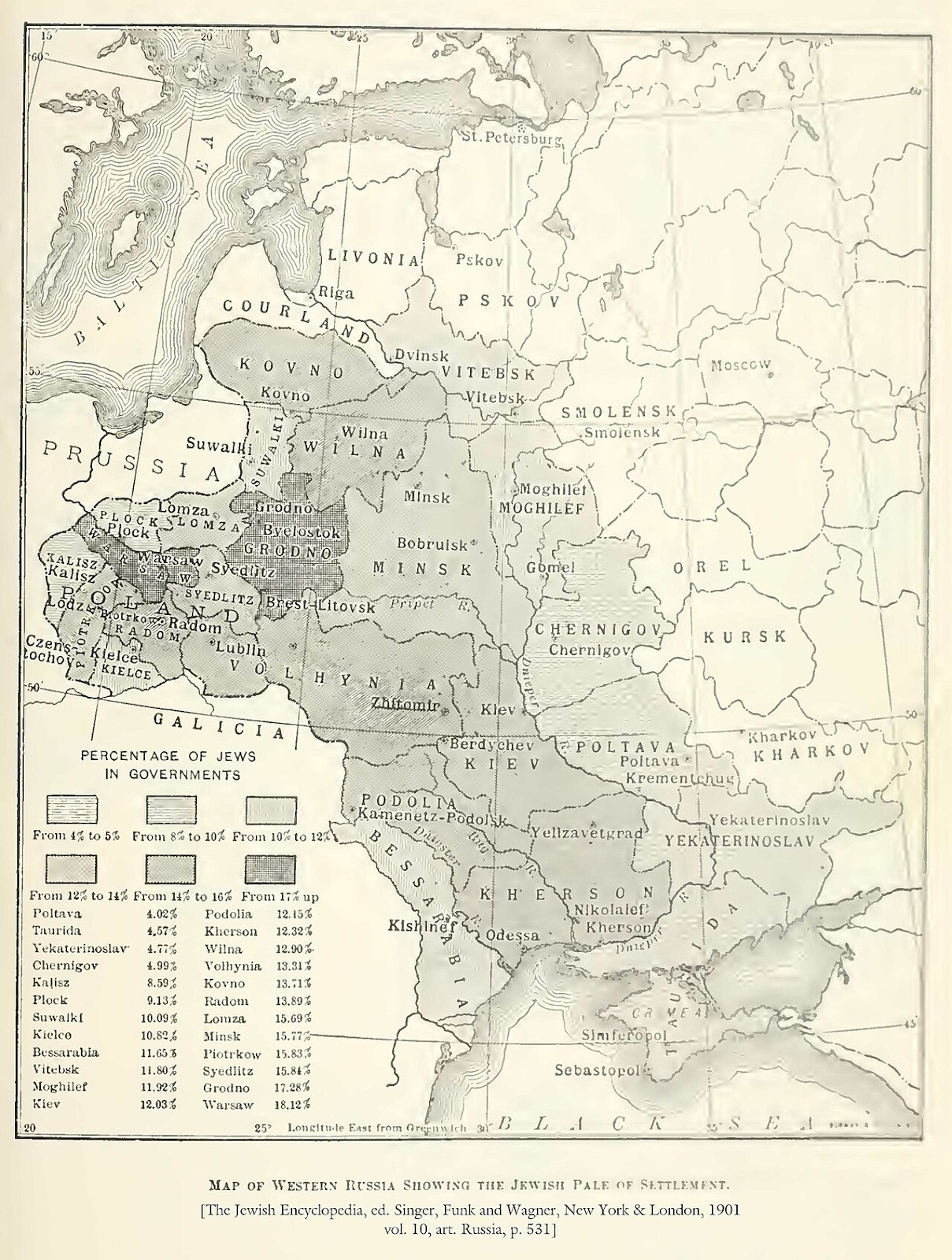 Mapa pokazująca procent ludności żydowskiej w strefie osiedlenia ok. 1905 roku