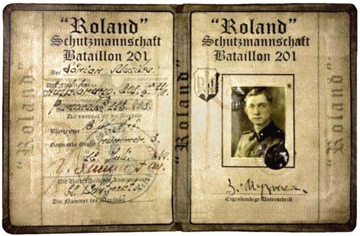 Ukraińska legitymacja Schutzmannschaft 201 Batalionu „Roland”.Przyjaźń tryzuba i swastyki