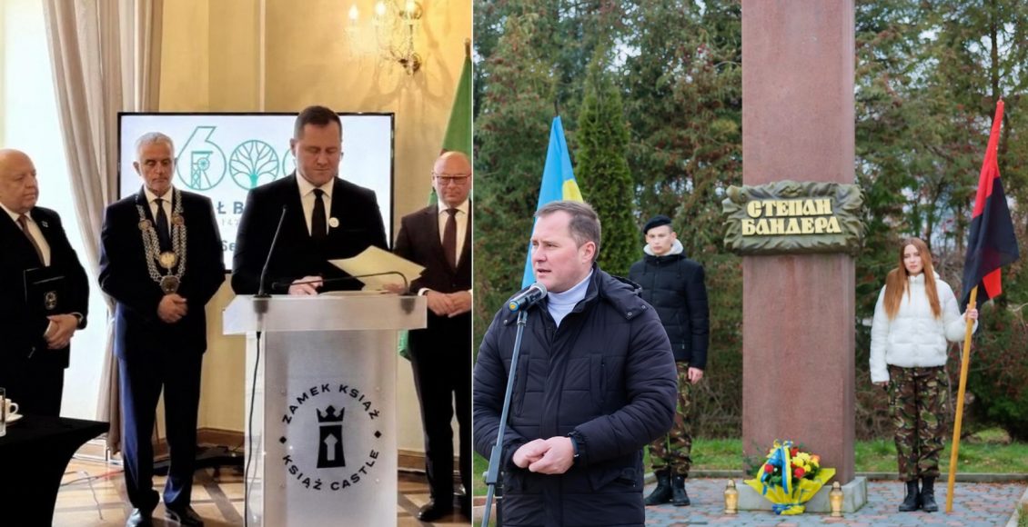 Po lewej na sesji Rady Miasta Wałbrzycha, po prawej pod pomnikiem Stepana Bandery